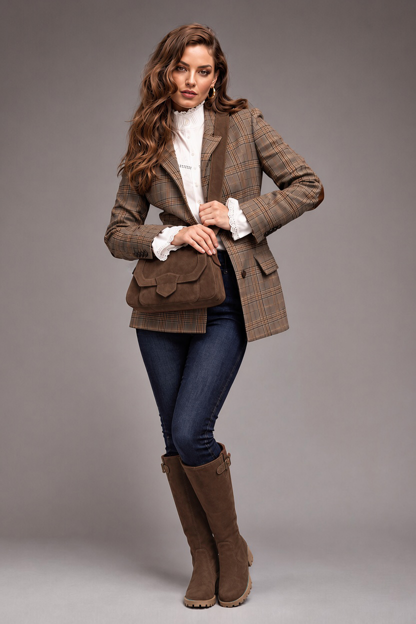 Women's chocolate brown custom-made buckle knee-high boots with  and  - Rear view